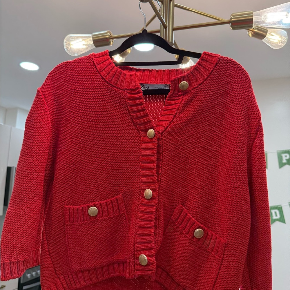 Zara women’s Red cardigan with gold buttons Sweater